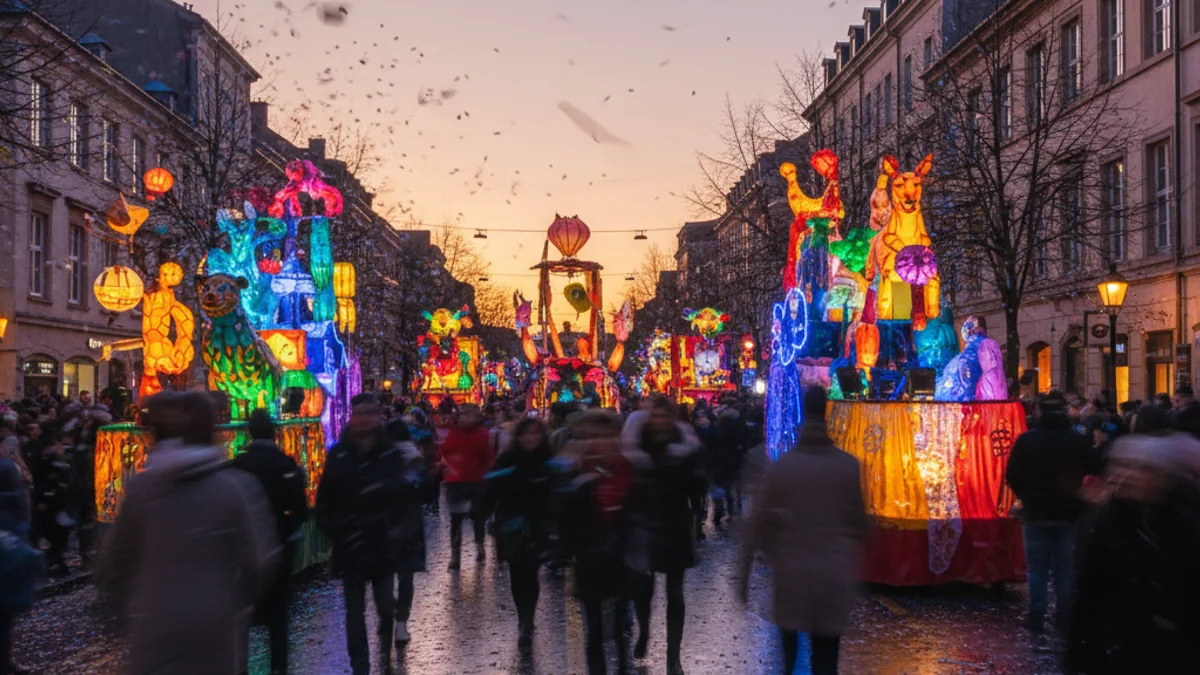 Imatge genèrica d'una multitud observant una carrossa il·luminada durant una cavalcada nocturna.