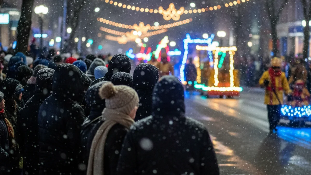 Imatge genèrica d'una multitud abrigada observant una cavalcada nocturna amb llums festives.