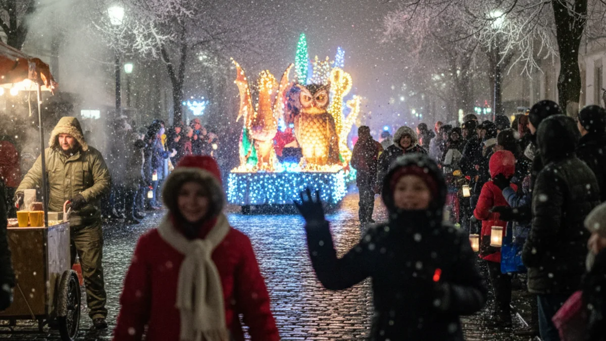 Imatge genèrica d'una cavalcada nocturna amb carrosses il·luminades i públic amb roba d'abric.