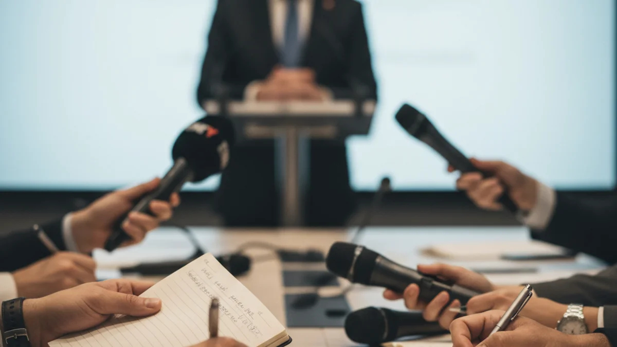 Representació genèrica d'una reunió empresarial o una conferència econòmica amb figures borroses.