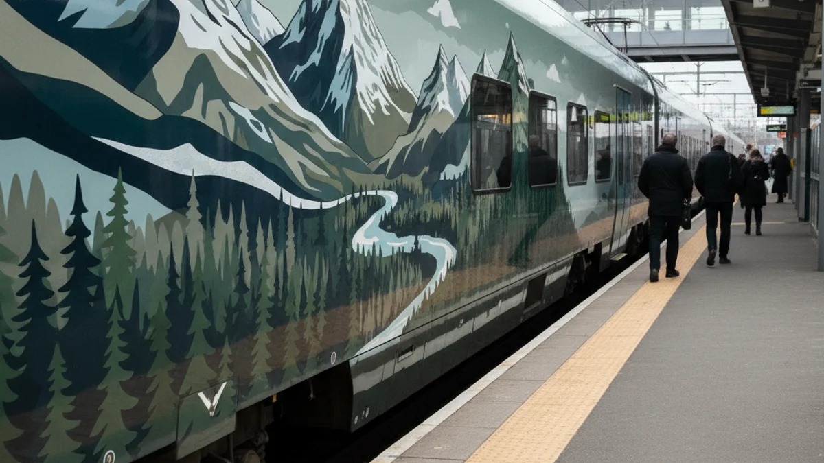 Descripció genèrica d'un vagó de tren amb motius naturals, simbolitzant la promoció turística d'una comarca.