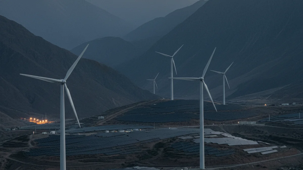 Vista genèrica d'un paisatge muntanyós amb panells solars i una turbina eòlica, simbolitzant la producció d'energia renovable.