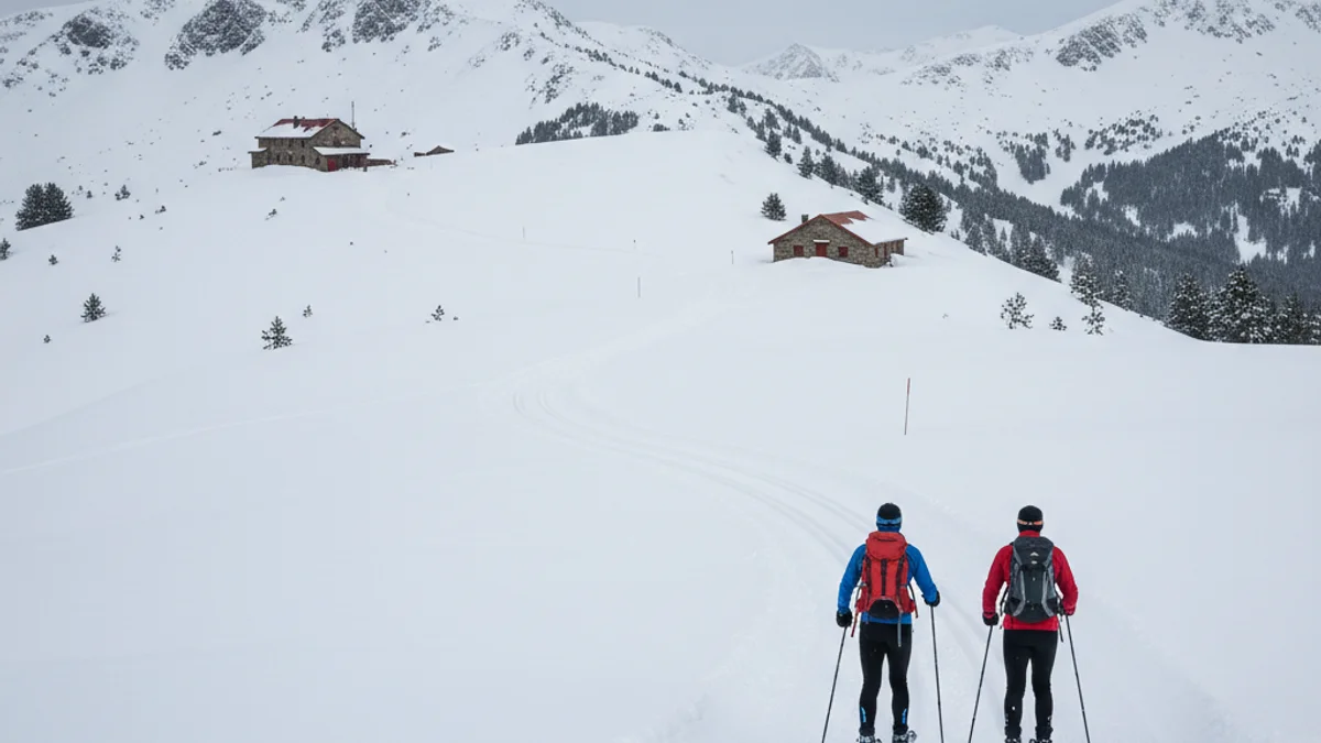 Esquiadors de fons vists des de darrere, lliscant per una pista nevada entre muntanyes.