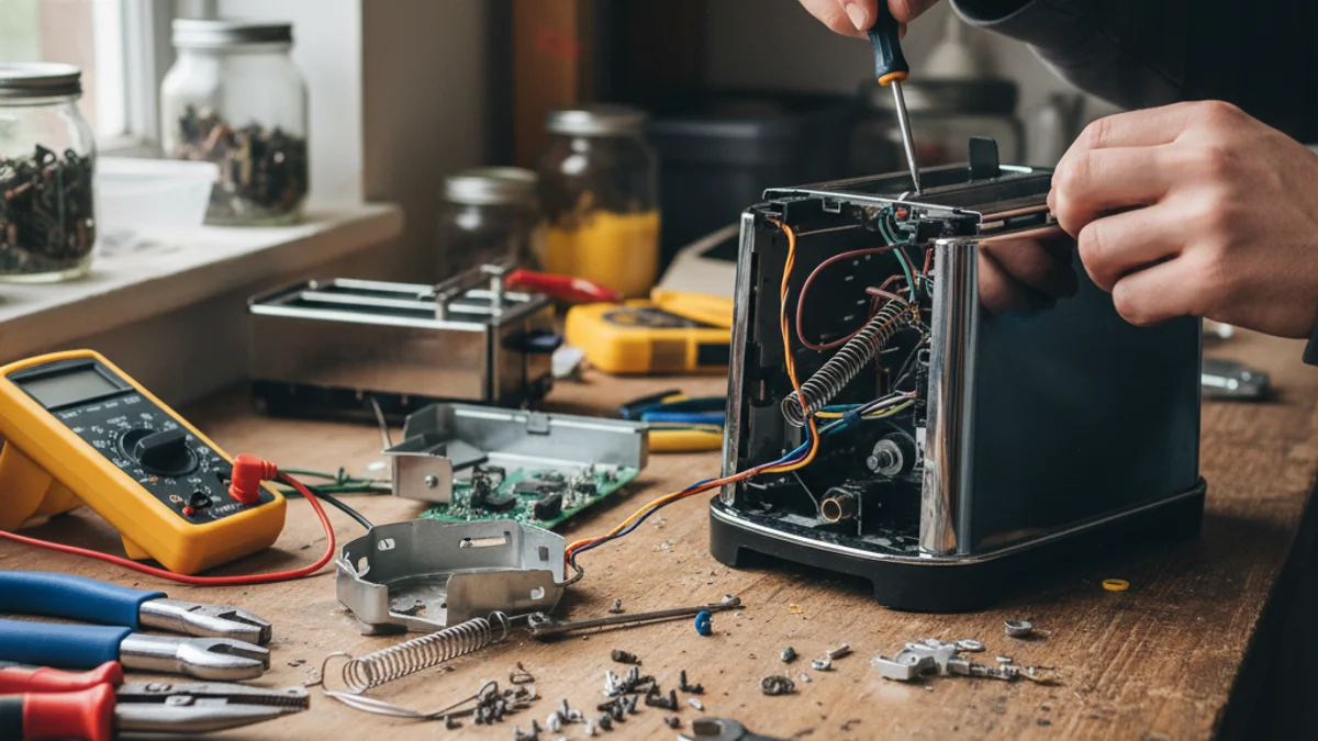 Mans treballant en la reparació d'un petit electrodomèstic en un taller comunitari, amb eines i components electrònics a la taula.
