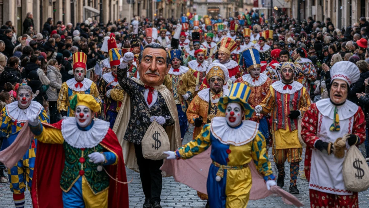 Imatge genèrica d'una comparsa de Carnaval amb disfresses satíriques i colorides.