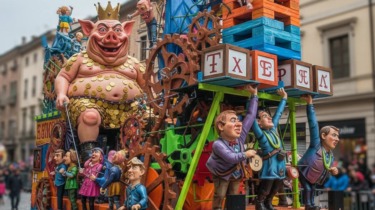 Una carrossa de carnaval genèrica amb elements satírics, sense marques ni logotips visibles.