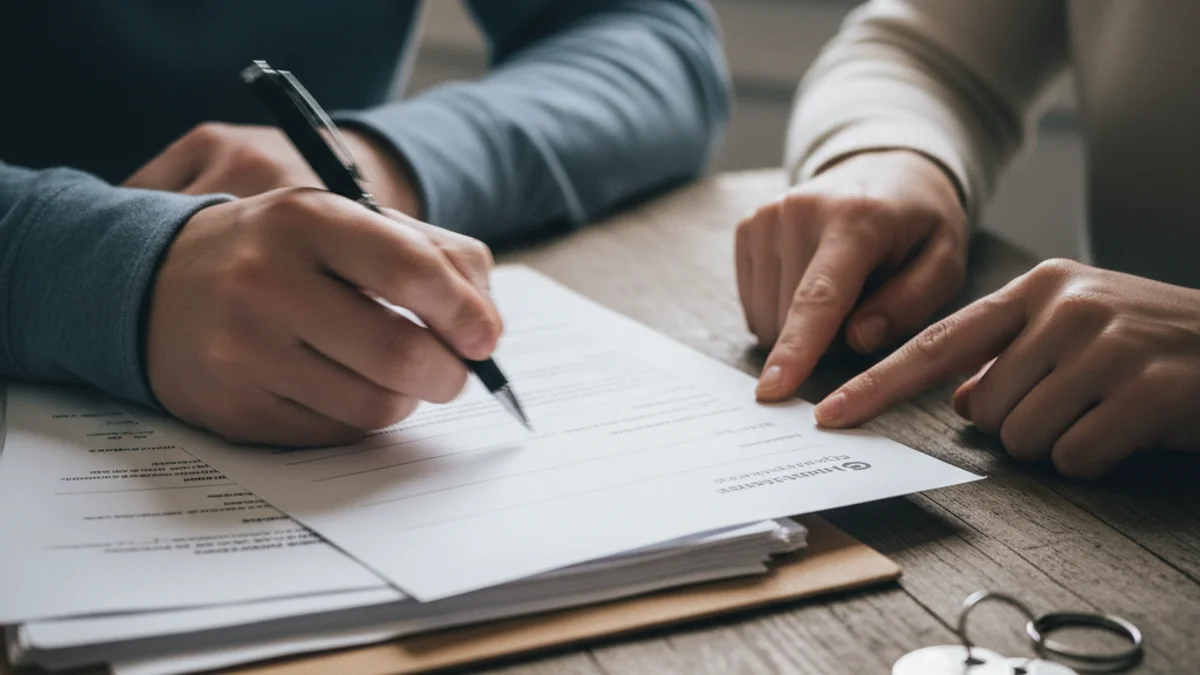 Imatge genèrica d'una mà signant documents de compravenda d'habitatge sobre una taula amb claus.