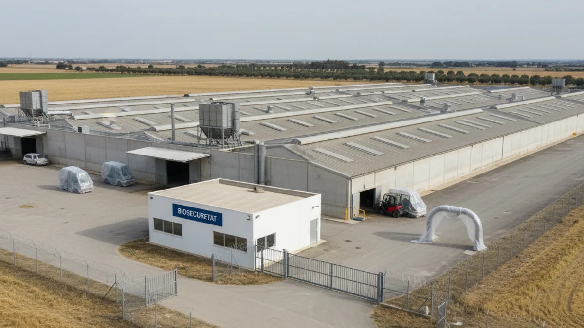 Vista genèrica d'una granja porcina industrial moderna, amb estructures grans i mesures de bioseguretat.