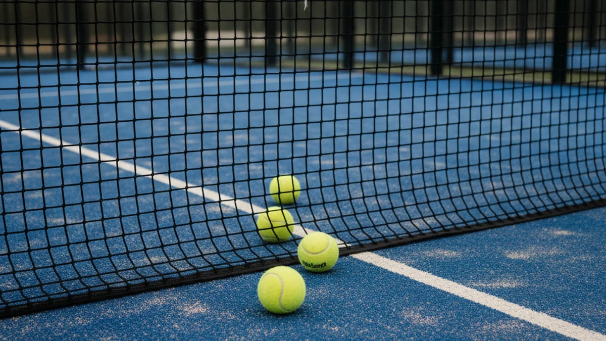 Imagen genérica de una pista de pádel vacía con la red y algunas pelotas cerca, en un contexto deportivo.