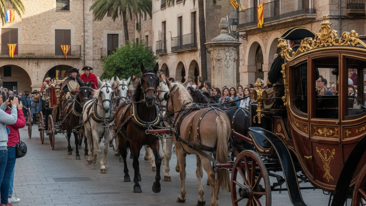 Carruatges i cavalls desfilant en una cercavila tradicional de Sant Antoni Abat.