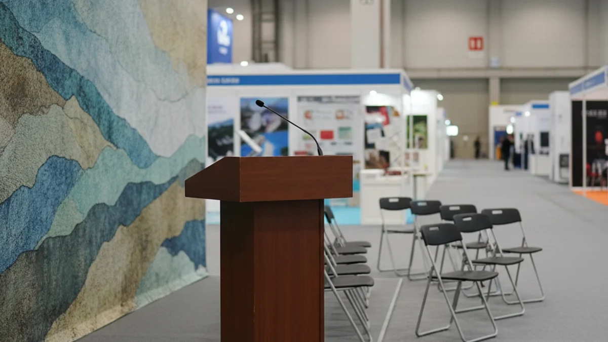 Imatge genèrica d'un estand de turisme en una fira internacional, amb un ambient sobri.