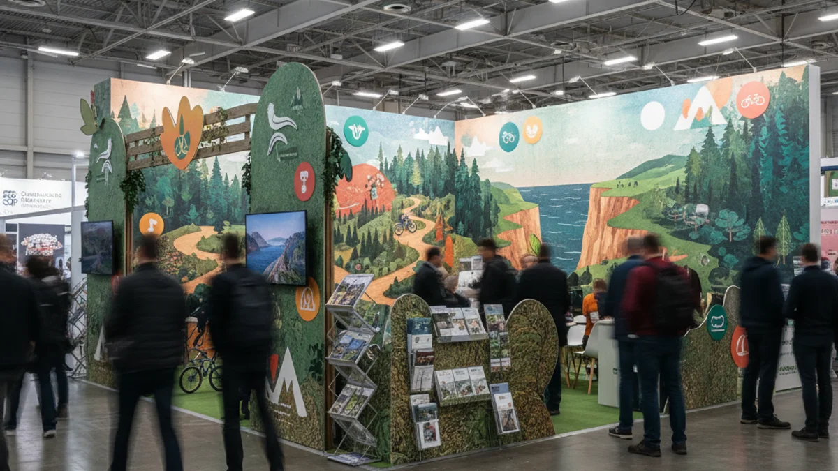 Imatge genèrica d'un estand de promoció turística en una fira internacional amb mapes i fulletons sobre rutes cicloturístiques.