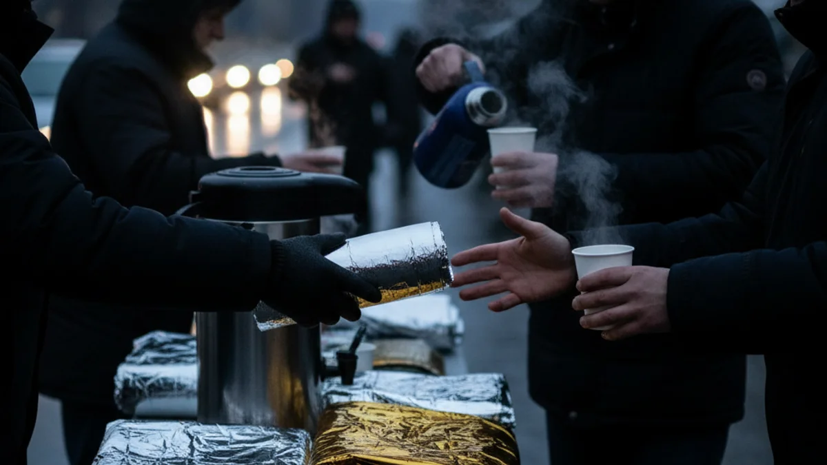 Voluntaris de la Creu Roja repartint mantes i begudes calentes a persones sense llar durant una onada de fred.