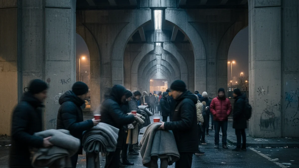 Persones sense llar rebent ajuda sota un pont de la C-31 a Badalona durant una onada de fred.
