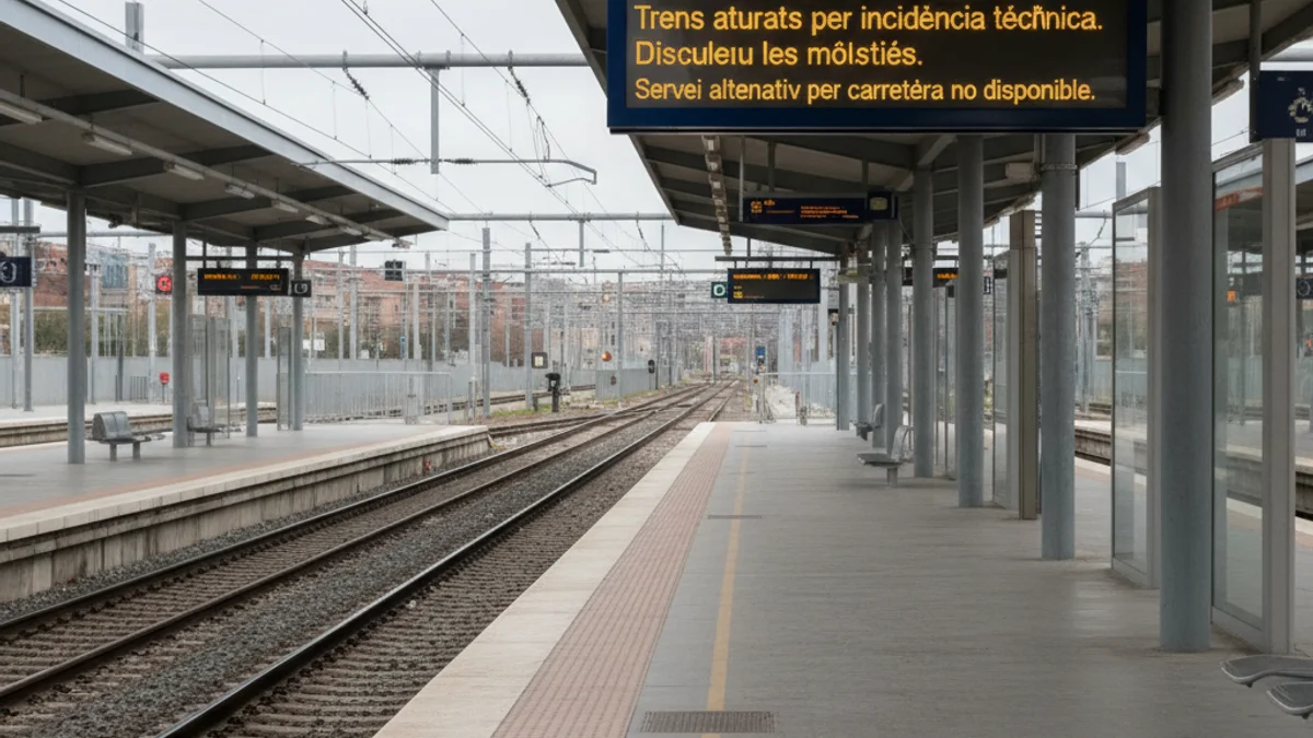 Imatge genèrica d'una estació de Rodalies amb les vies buides i un cartell d'avís de suspensió del servei.