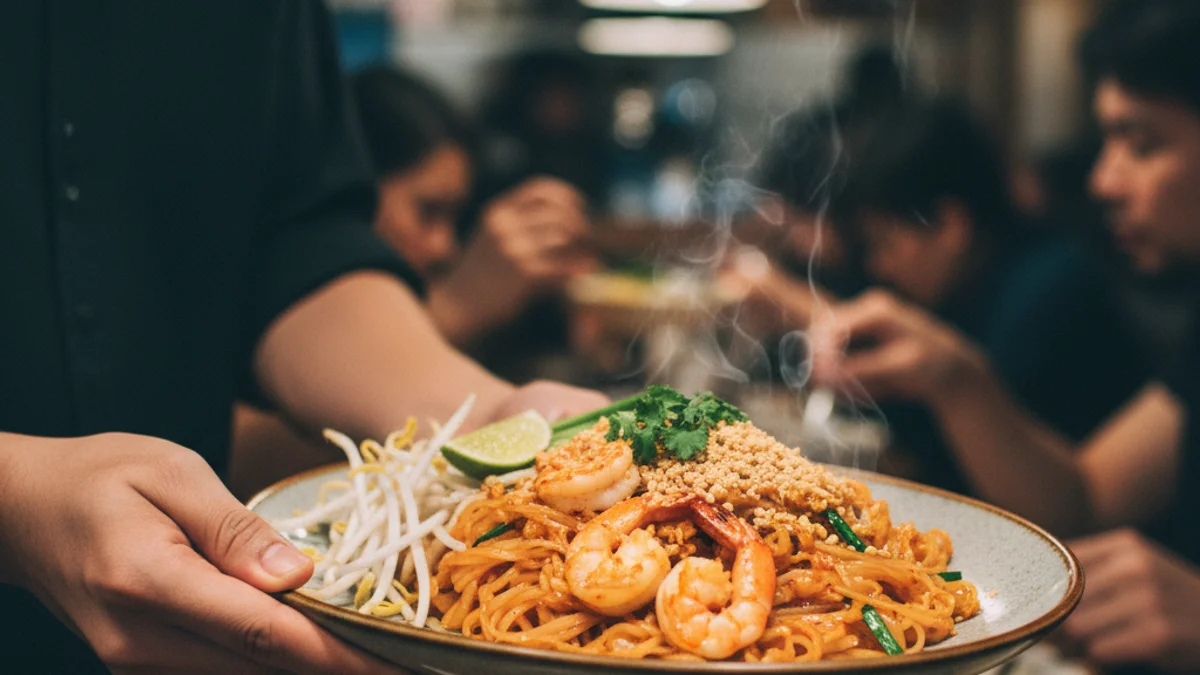 Imatge genèrica d'un plat de Pad Thai amb ingredients frescos i llimona en un restaurant.