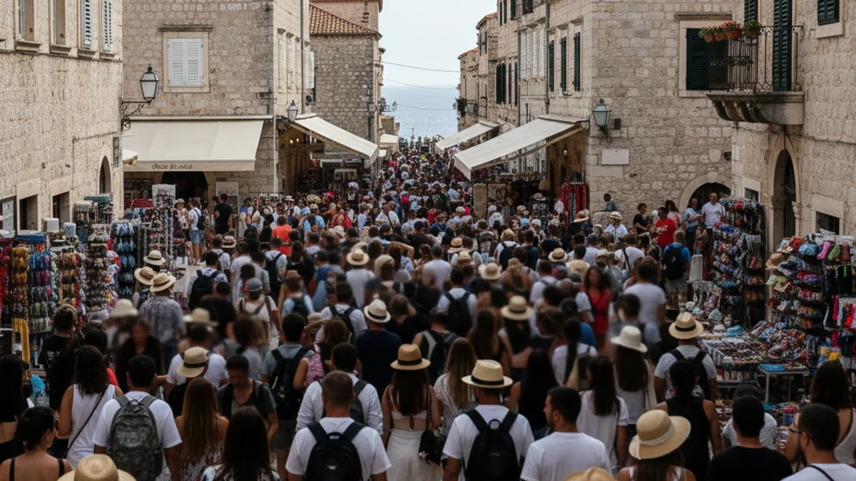Representació visual de la massificació turística, amb molta gent en un espai urbà o costaner.