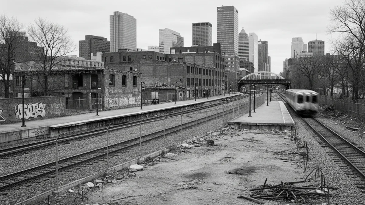 Vista genèrica d'una platja de vies de tren abandonada a prop d'una estació, suggerint un futur desenvolupament urbà.