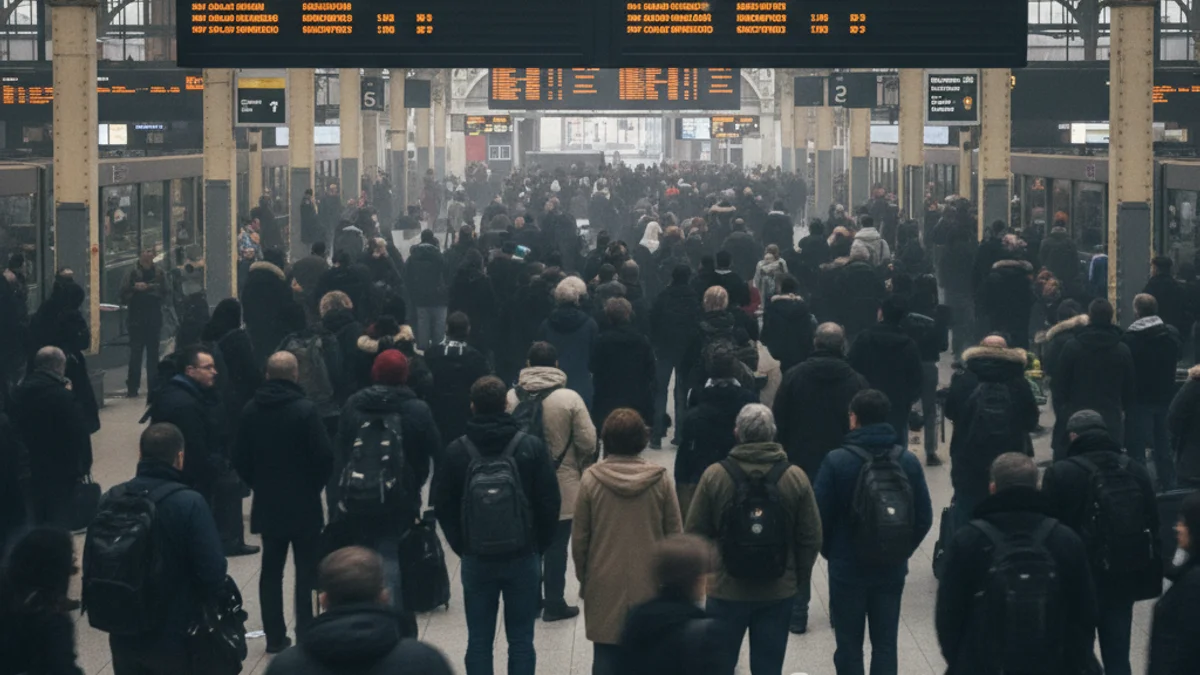 Imatge genèrica d'una estació de tren amb pantalles d'informació que mostren cancel·lacions.