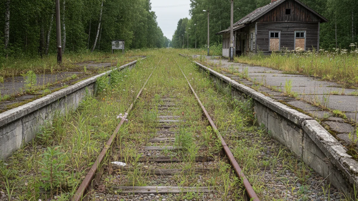 Imatge genèrica d'una estació de tren abandonada o deteriorada, amb vies cobertes d'herba.
