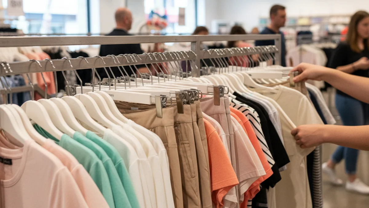 Imatge genèrica d'un emprovador de roba buit o amb peces de vestir de diferents talles penjades.