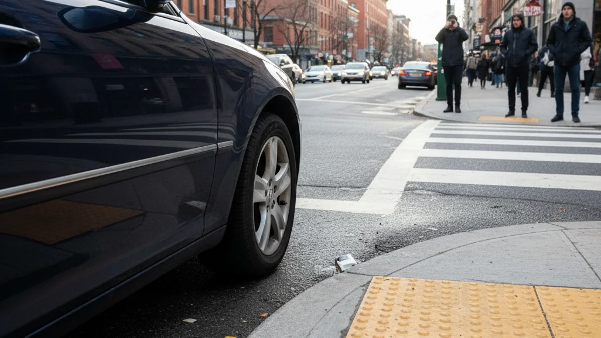 Imatge que representa la perspectiva d'una persona en cadira de rodes davant d'un pas de vianants bloquejat per un vehicle mal aparcat.