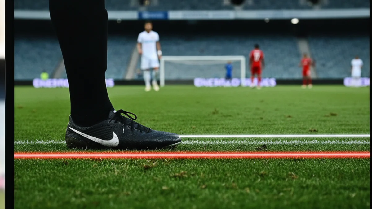 Imatge genèrica d'una pantalla del VAR mostrant una línia de fora de joc ajustada en un partit de futbol.