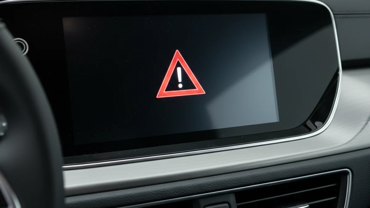 Representació digital d'un tauler de control de vehicle modern mostrant una alerta de perill imminent a la carretera.
