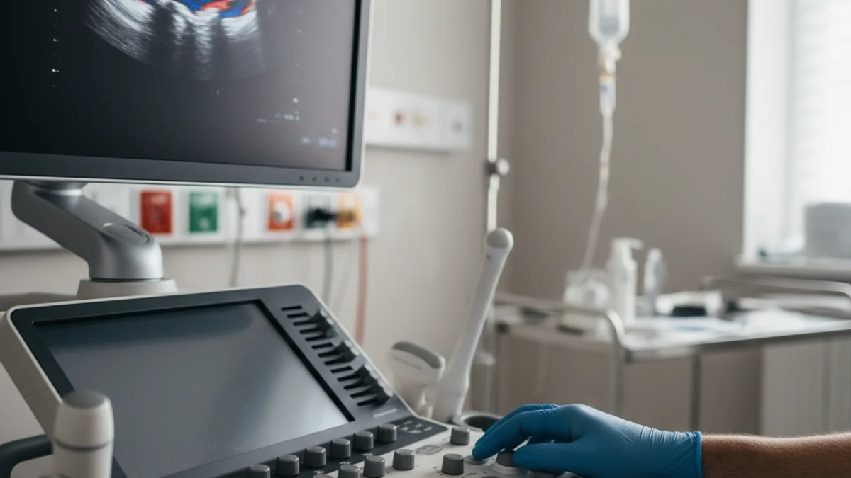 Imatge genèrica d'un ecògraf modern en un hospital, amb les mans d'un professional sanitari operant-lo.