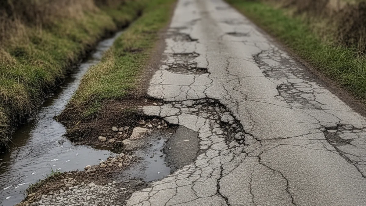 Imatge genèrica d'una carretera rural en mal estat amb senyalització deteriorada.