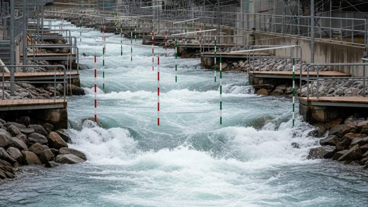 Imatge genèrica d'un canal d'aigües braves amb portes d'eslàlom, simbolitzant la preparació per al Mundial de Piragüisme.