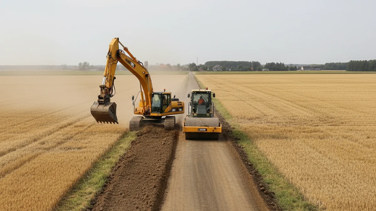 Maquinària pesada preparant una carretera rural per a l'eixamplament en una zona agrícola.