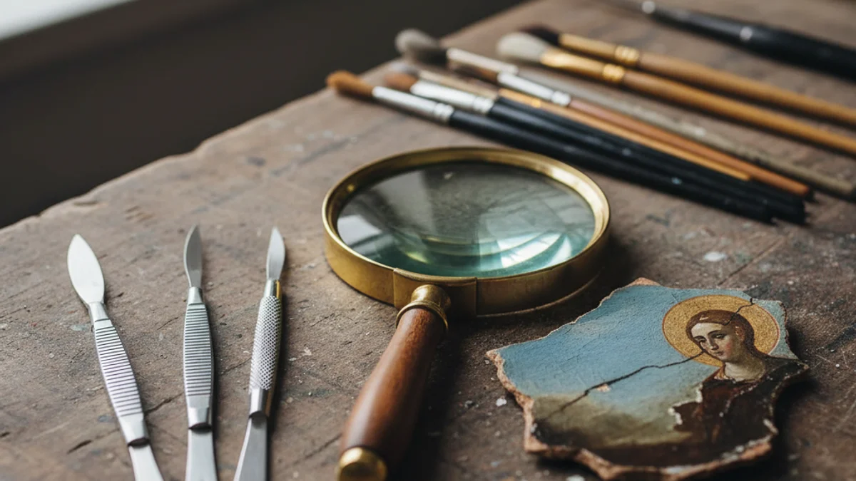 Imatge genèrica d'eines especialitzades utilitzades en la restauració d'una obra d'art antiga.