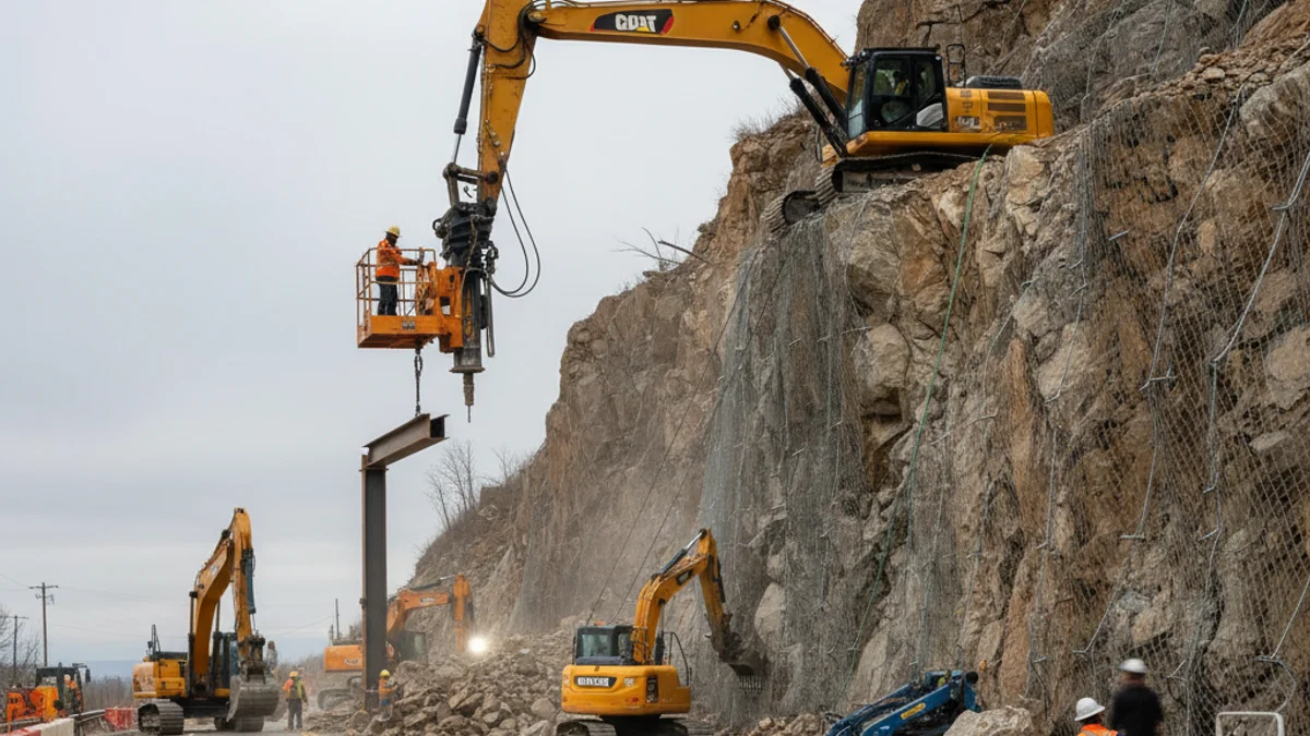 Heavy machinery working on stabilizing a rocky slope next to a road closed for safety reasons.