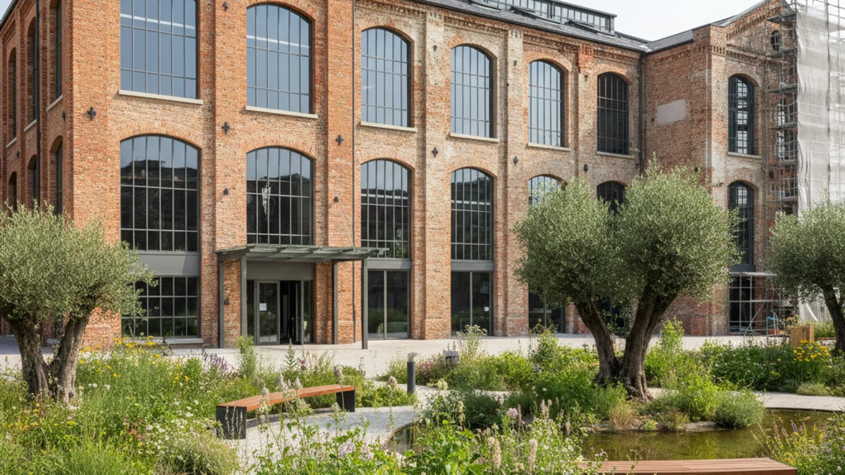 Vista exterior d'un edifici industrial antic rehabilitat, amb una zona de jardí a l'entrada.