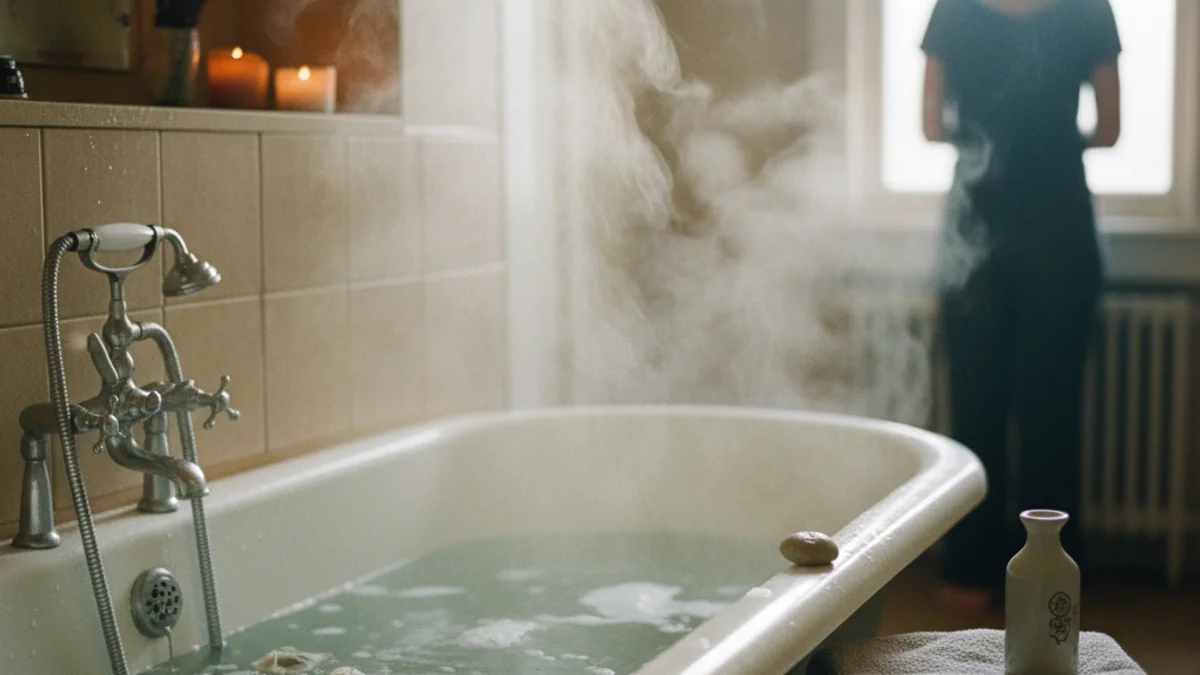 Una persona relaxant-se en una banyera amb vapor, amb llum tènue i ambient tranquil, suggerint preparació per al son.
