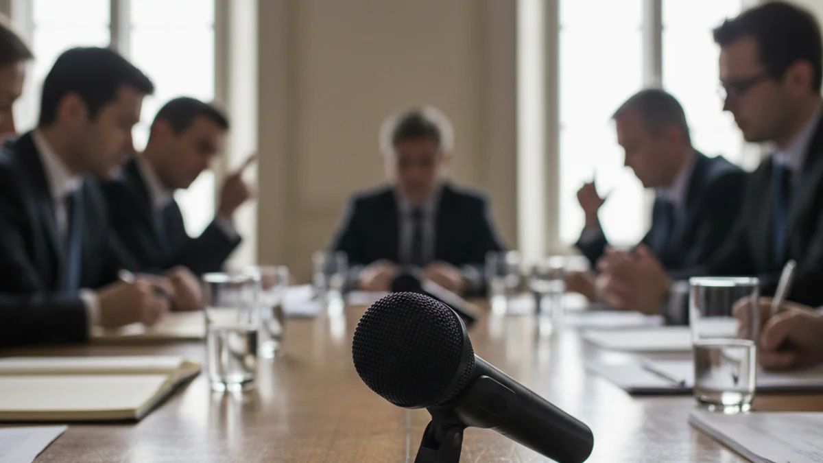 Representació d'una taula de negociacions econòmiques amb documents financers i un micròfon.