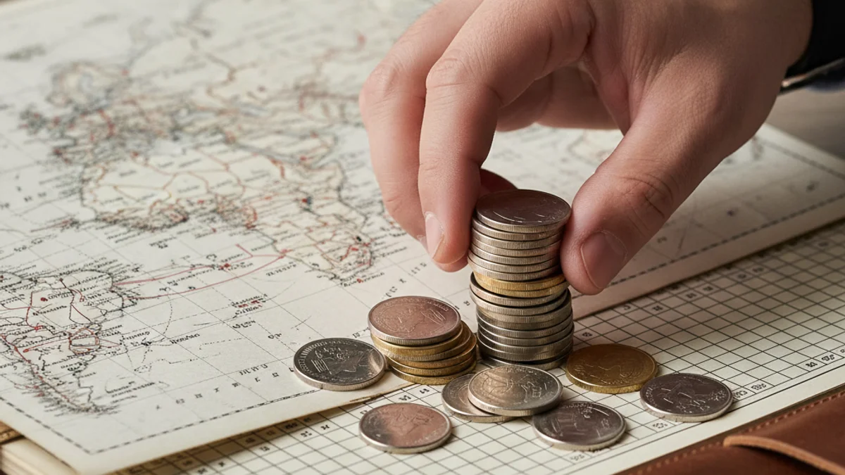 Una mà col·locant monedes sobre un mapa turístic, simbolitzant la recaptació d'impostos en el sector.