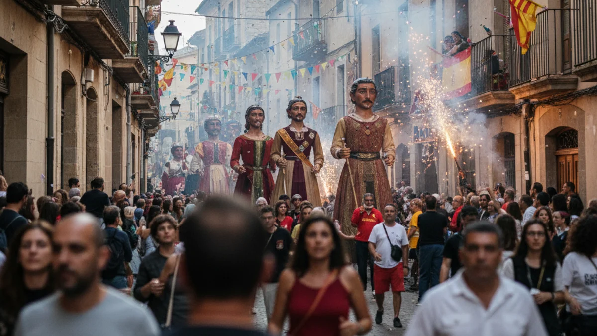 Imatge genèrica d'una cercavila de festa major amb figures de cultura popular i focs artificials en un carrer de Barcelona.