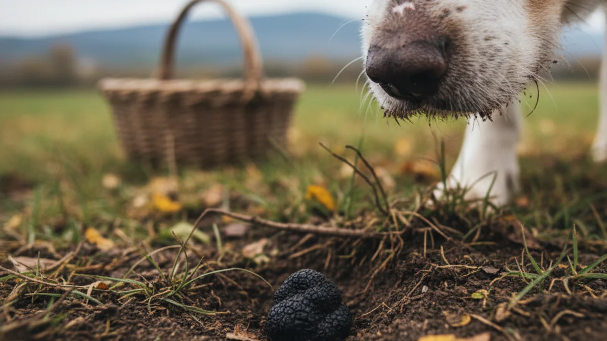 Imatge genèrica d'un gos tofoner buscant el preuat tubercle negre en un entorn rural.