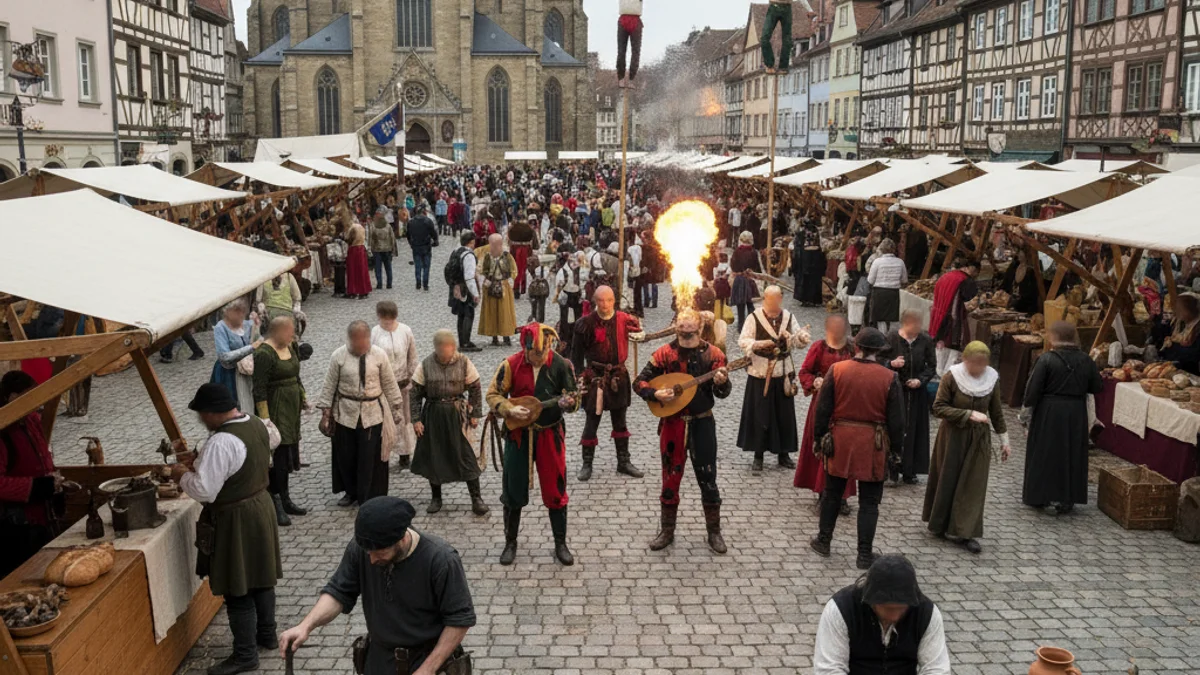 Recreació d'un mercat medieval amb parades d'artesans i figures vestides d'època en un carrer històric.