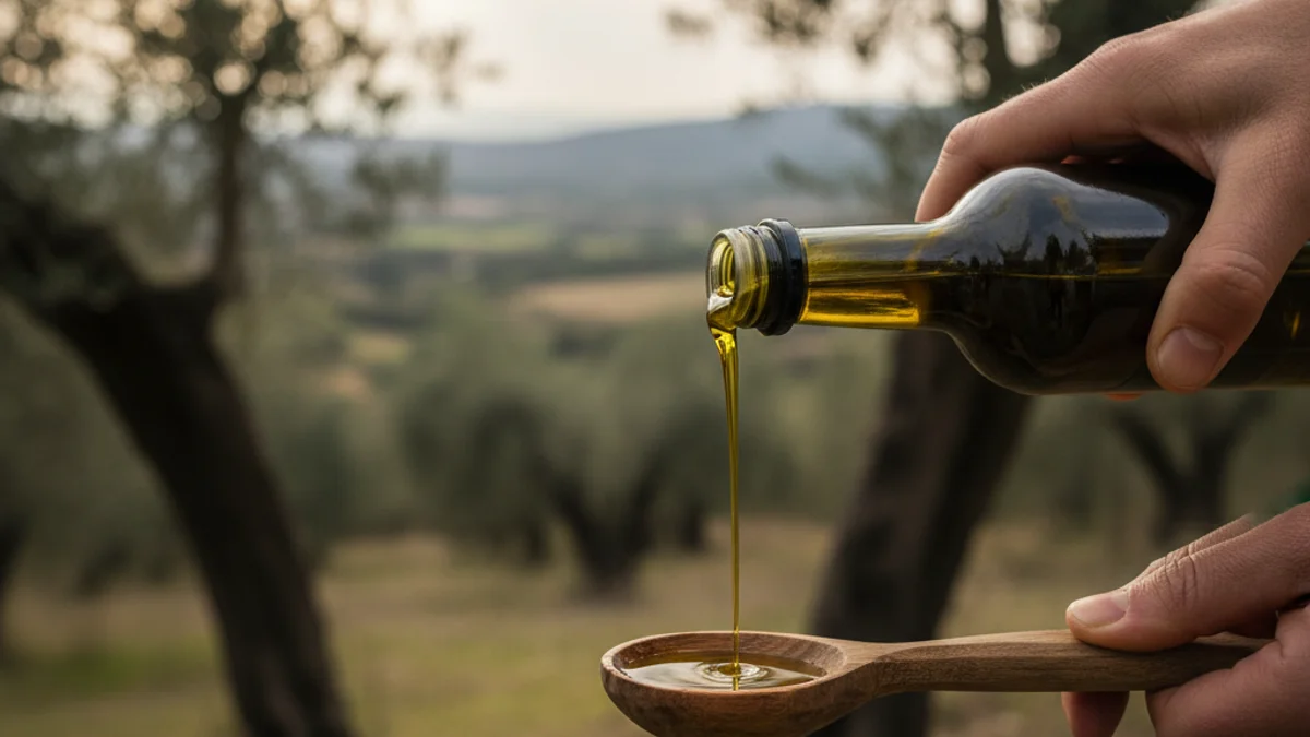 Una mà abocant oli d'oliva verge extra en una cullerada de fusta, amb un fons borrós d'oliveres.