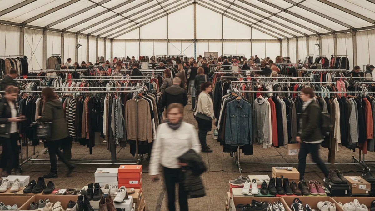 Generic view of a sales fair with stands full of products and blurred figures of shoppers.