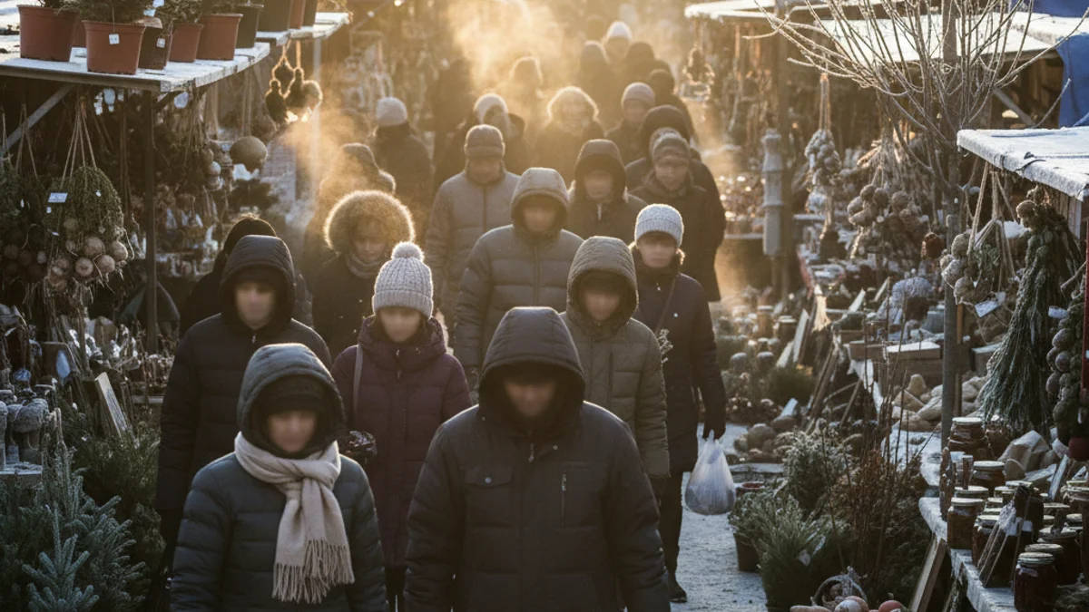 Imatge d'una fira popular a l'hivern, amb gent abrigada passejant entre parades de productes locals.