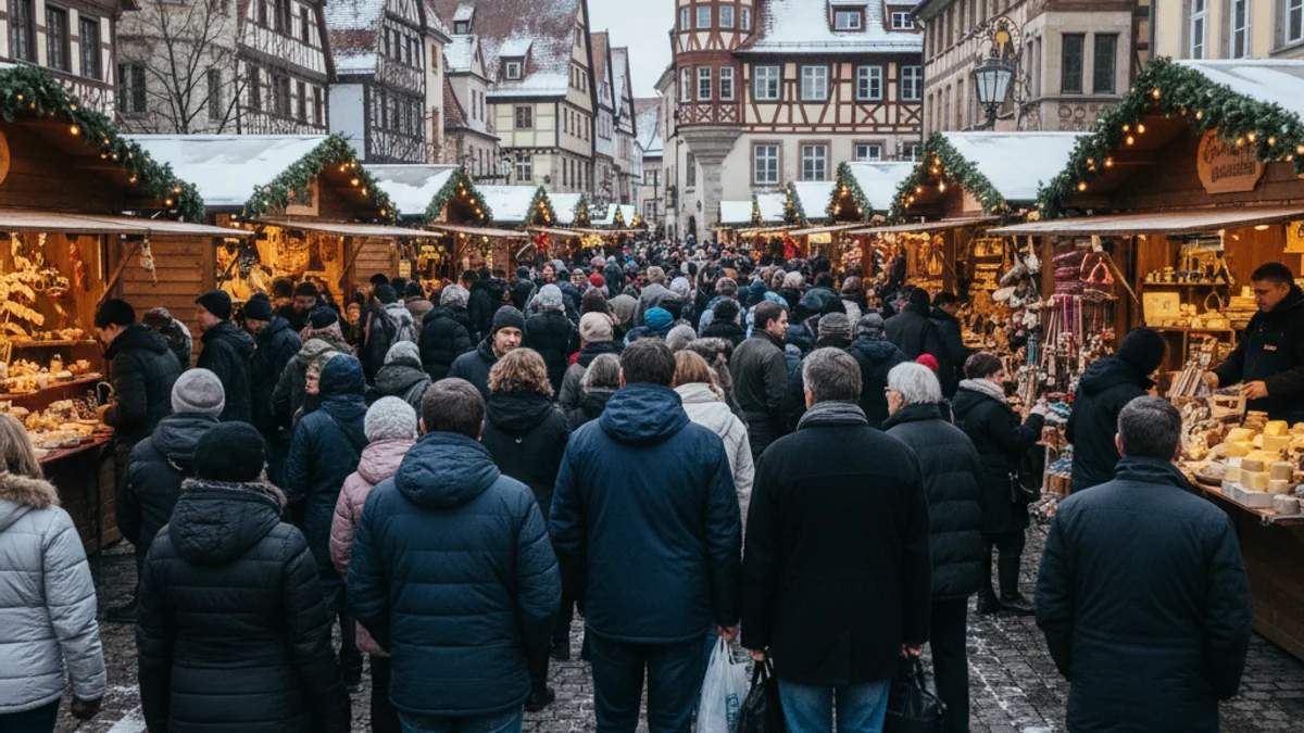Vista general d'una fira de carrer amb molta afluència de públic en un dia fred d'hivern.
