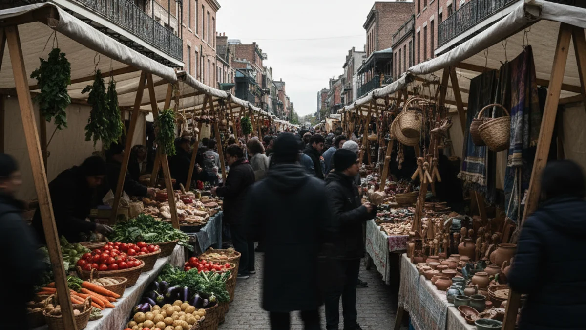 Imatge genèrica d'una fira tradicional amb parades de productes locals i gent passejant.