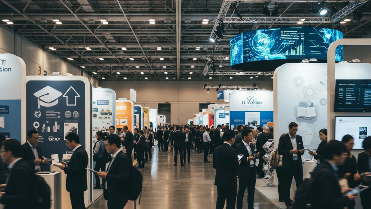 Una multitud de persones visitant estands d'orientació professional i laboral en una fira d'ocupació.