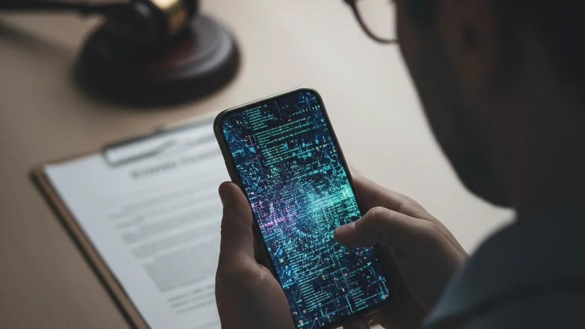 Representació visual d'una investigació legal sobre intel·ligència artificial i contingut digital.