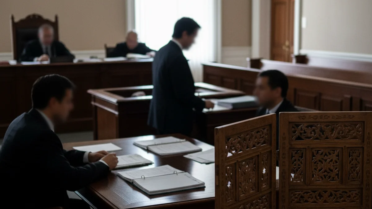 Imatge genèrica d'una sala de vistes judicials amb un biombo separador, sense persones reconeixibles.