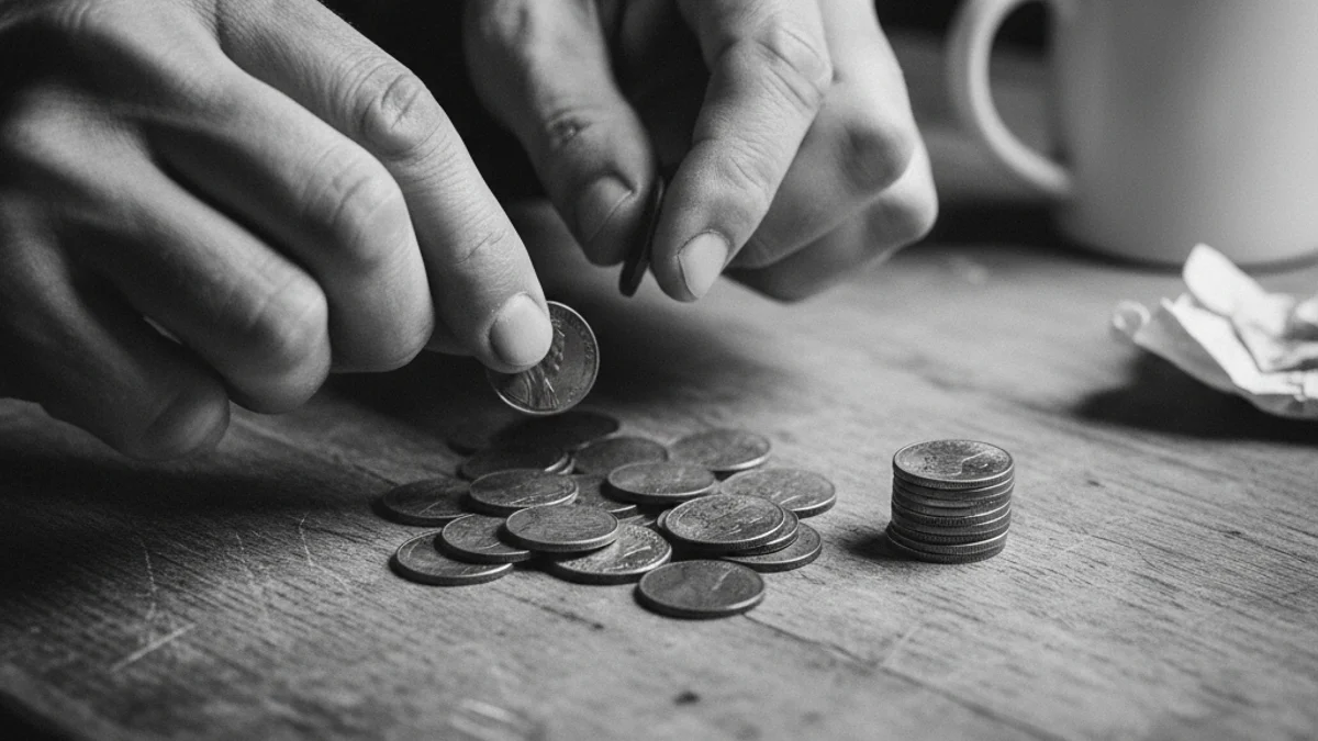 Una mà gran sostenint una pila de monedes petites, simbolitzant la retenció fiscal de les pensions.
